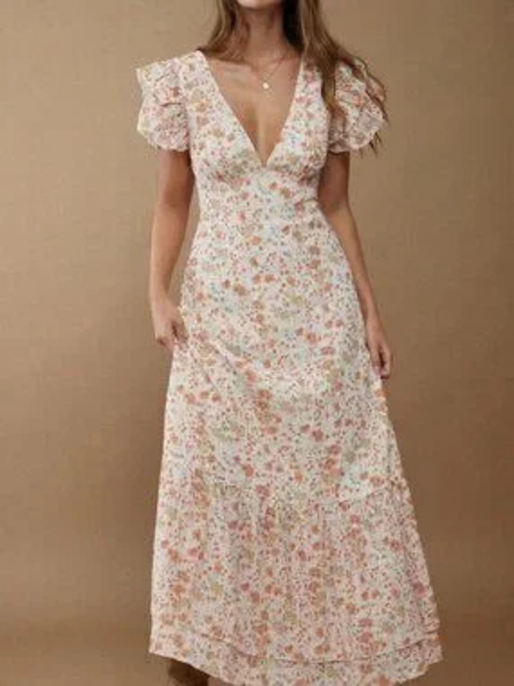 ZARA Yellow Floral Print Women's V Neck Maxi Dress with Flutter Sleeve